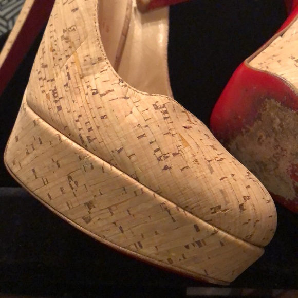 ❤️ Christian Louboutin Stiletto Red soles platform cork, stretch strap heels - Picture 4 of 12
